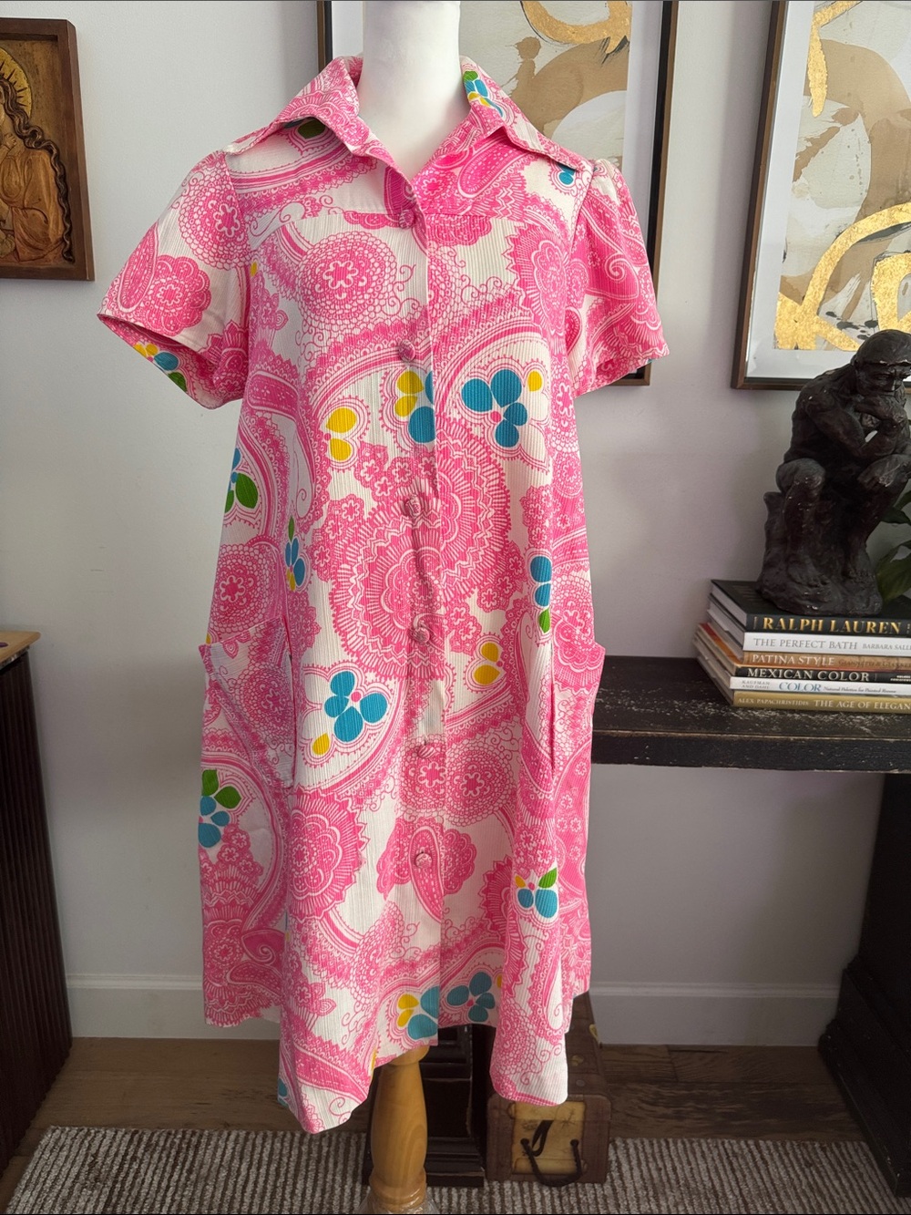 1960 Loungees pink blue white paisley floral short sleeve shirt trapeze dress